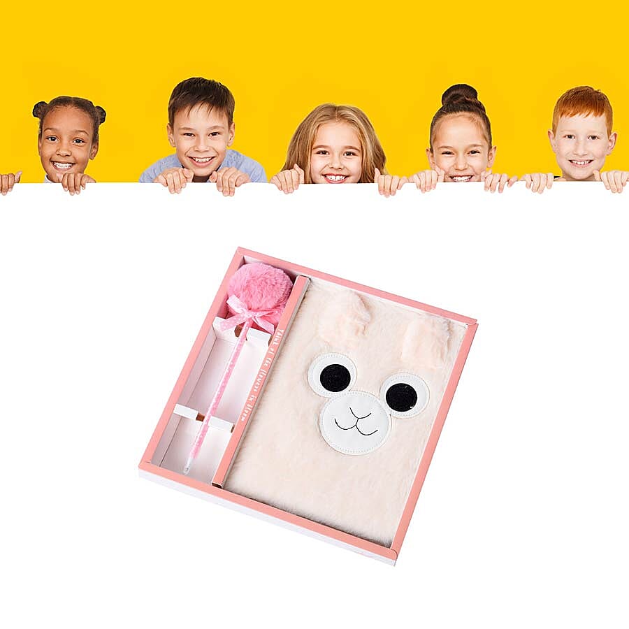 2 Piece Set - Fluffy Monkey Cover Notebook with Pom-Pom Blue Ink Pen - Pink & White