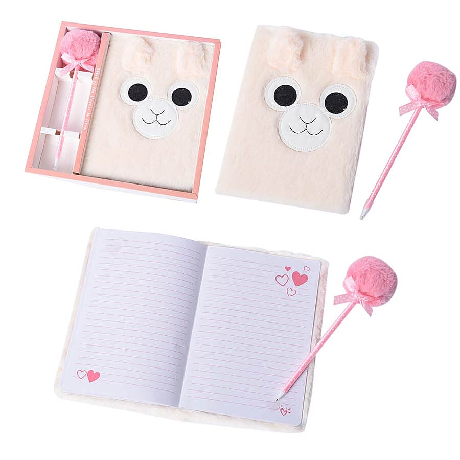 2 Piece Set - Fluffy Monkey Cover Notebook with Pom-Pom Blue Ink Pen - Pink & White