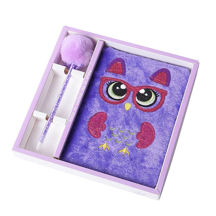 2 Piece Set - Fluffy Owl Cover Notebook with Pom-Pom Blue Ink Pen - Purple and Rose Red
