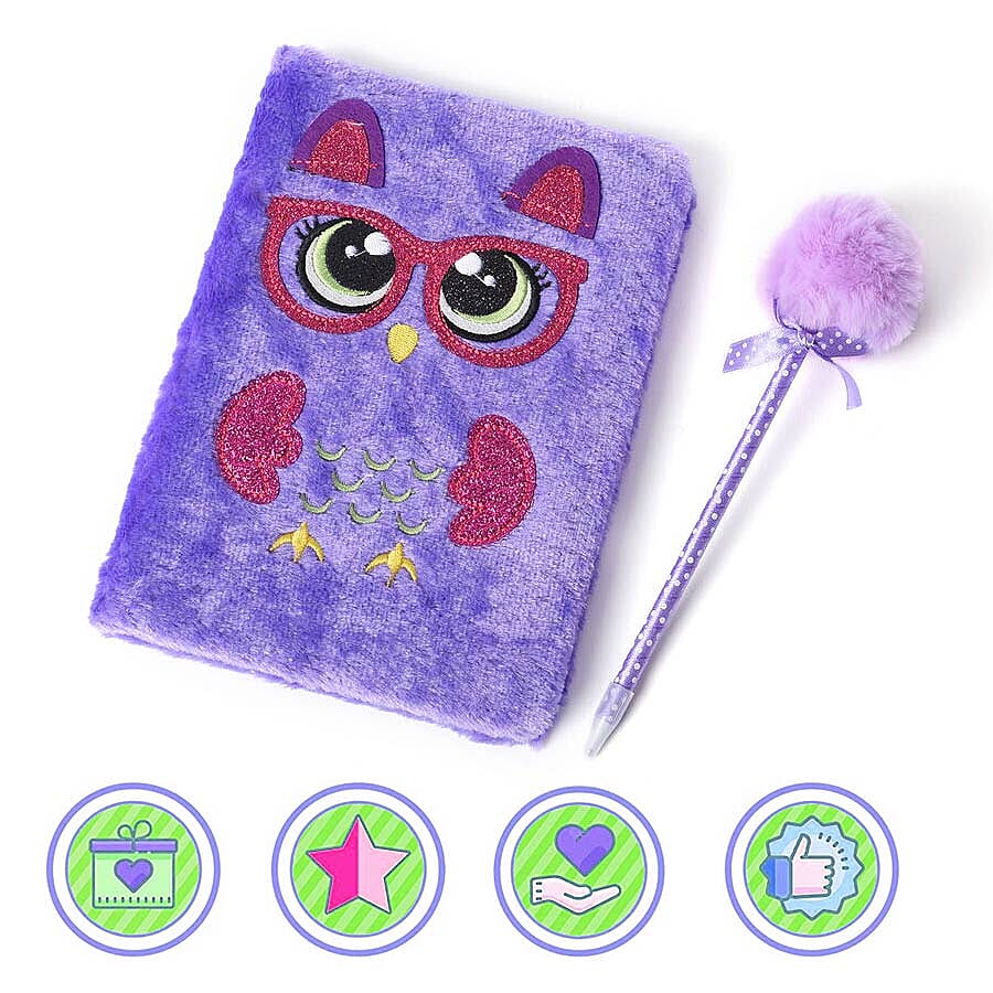 2 Piece Set - Fluffy Owl Cover Notebook with Pom-Pom Blue Ink Pen - Purple and Rose Red