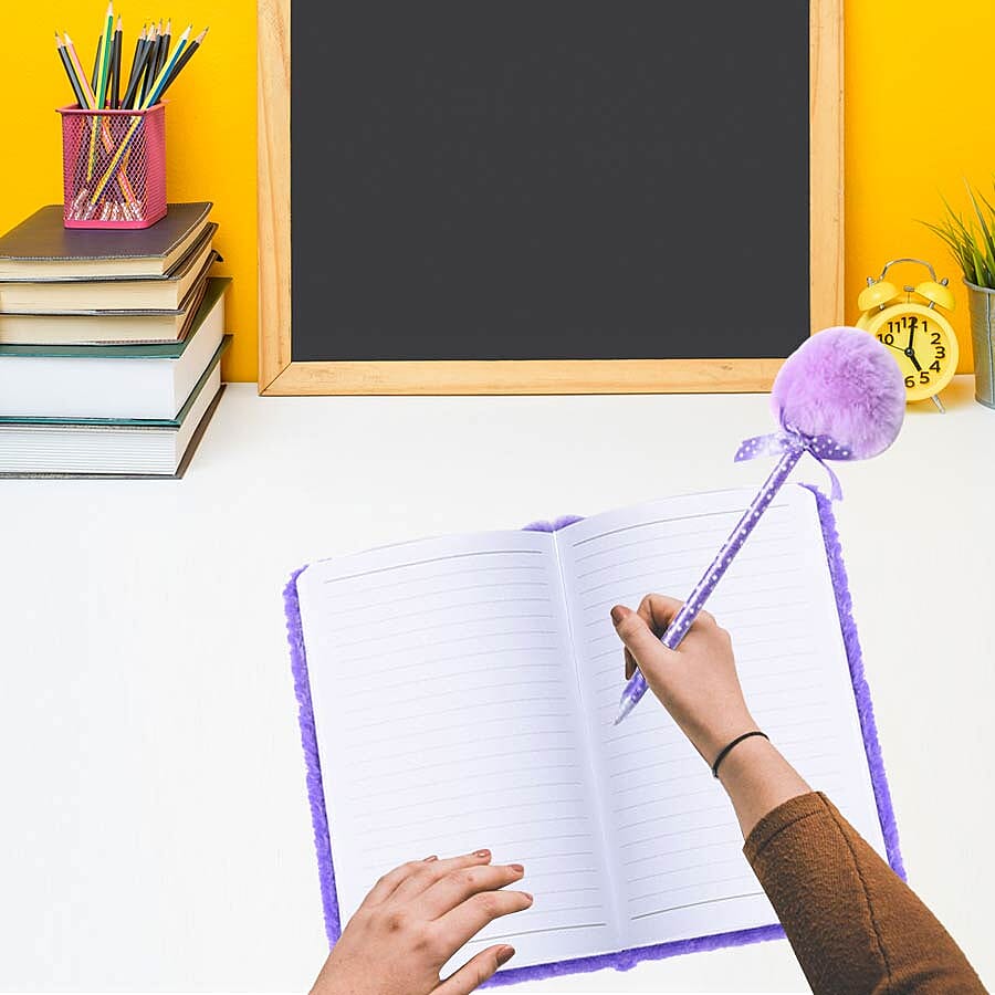 2 Piece Set - Fluffy Owl Cover Notebook with Pom-Pom Blue Ink Pen - Purple and Rose Red