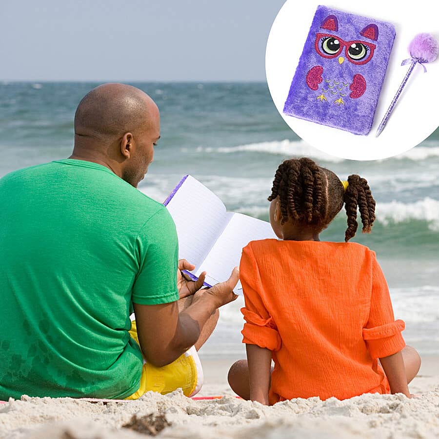 2 Piece Set - Fluffy Owl Cover Notebook with Pom-Pom Blue Ink Pen - Purple and Rose Red