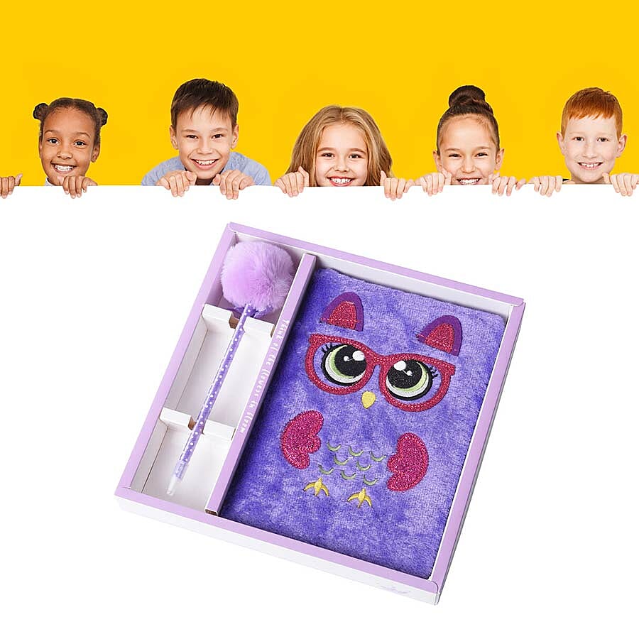 2 Piece Set - Fluffy Owl Cover Notebook with Pom-Pom Blue Ink Pen - Purple and Rose Red