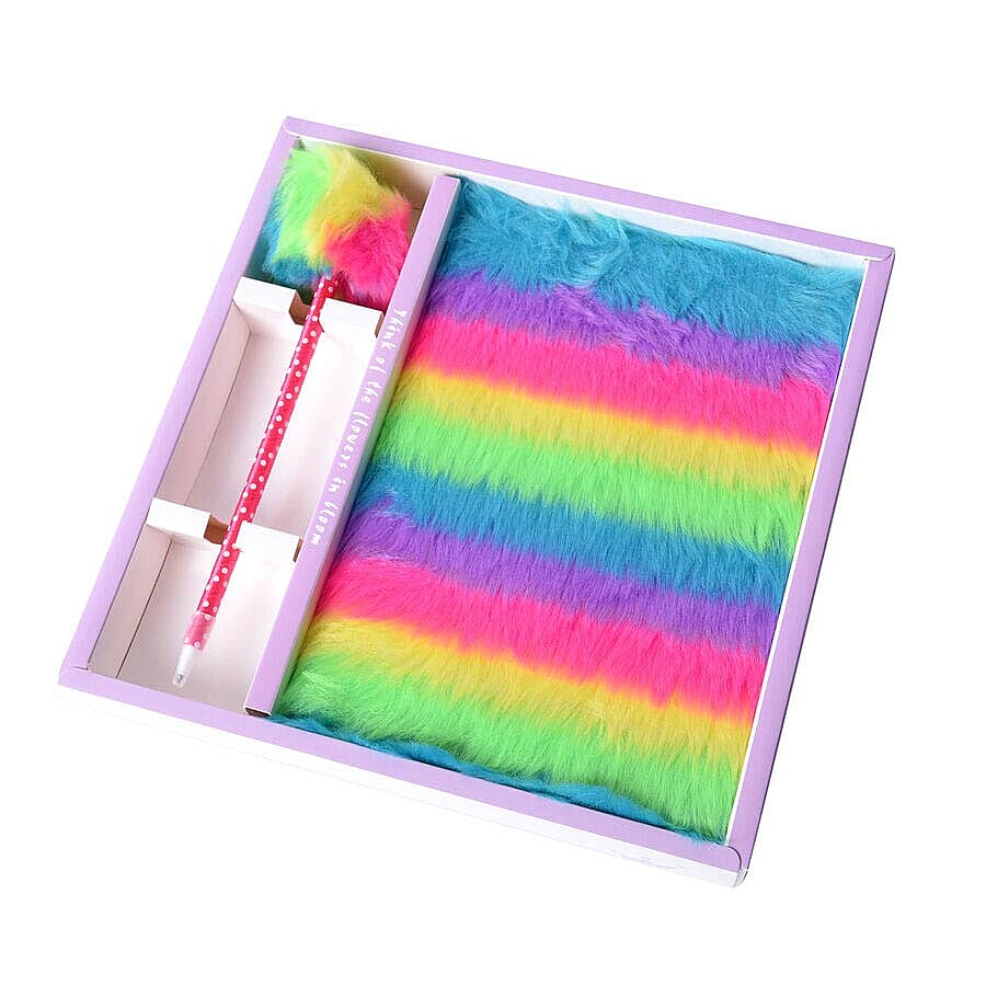 2 Piece Set - Fluffy Rainbow Cover Notebook with Rainbow Pom-Pom Blue Ink Pen