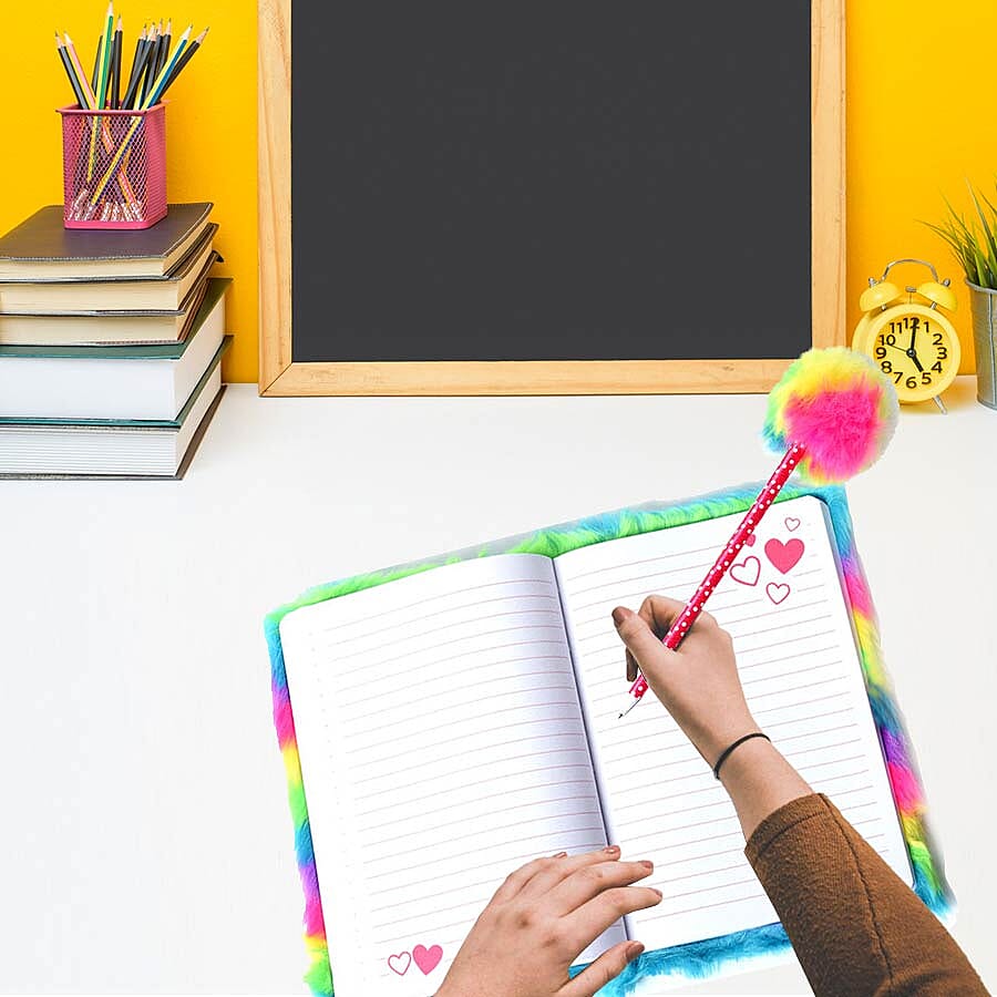 2 Piece Set - Fluffy Rainbow Cover Notebook with Rainbow Pom-Pom Blue Ink Pen