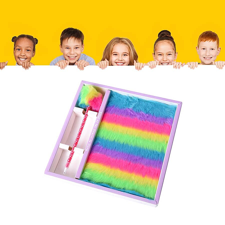 2 Piece Set - Fluffy Rainbow Cover Notebook with Rainbow Pom-Pom Blue Ink Pen