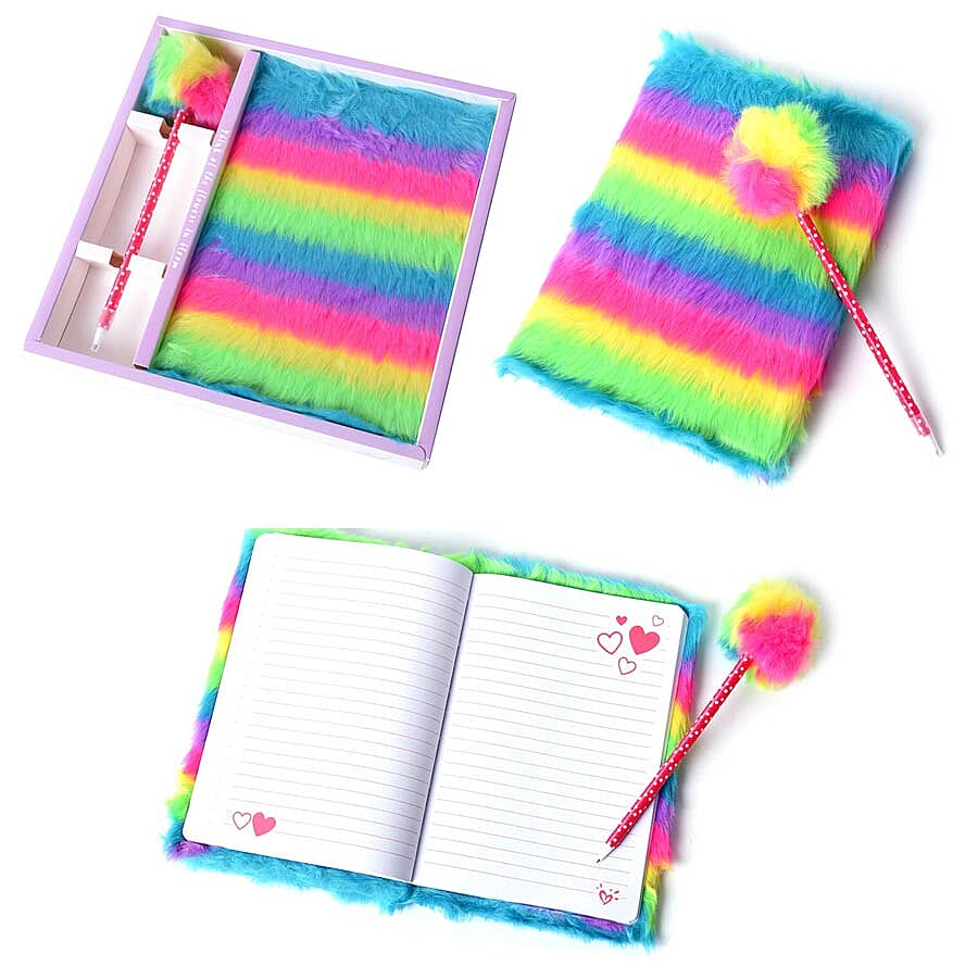 2 Piece Set - Fluffy Rainbow Cover Notebook with Rainbow Pom-Pom Blue Ink Pen