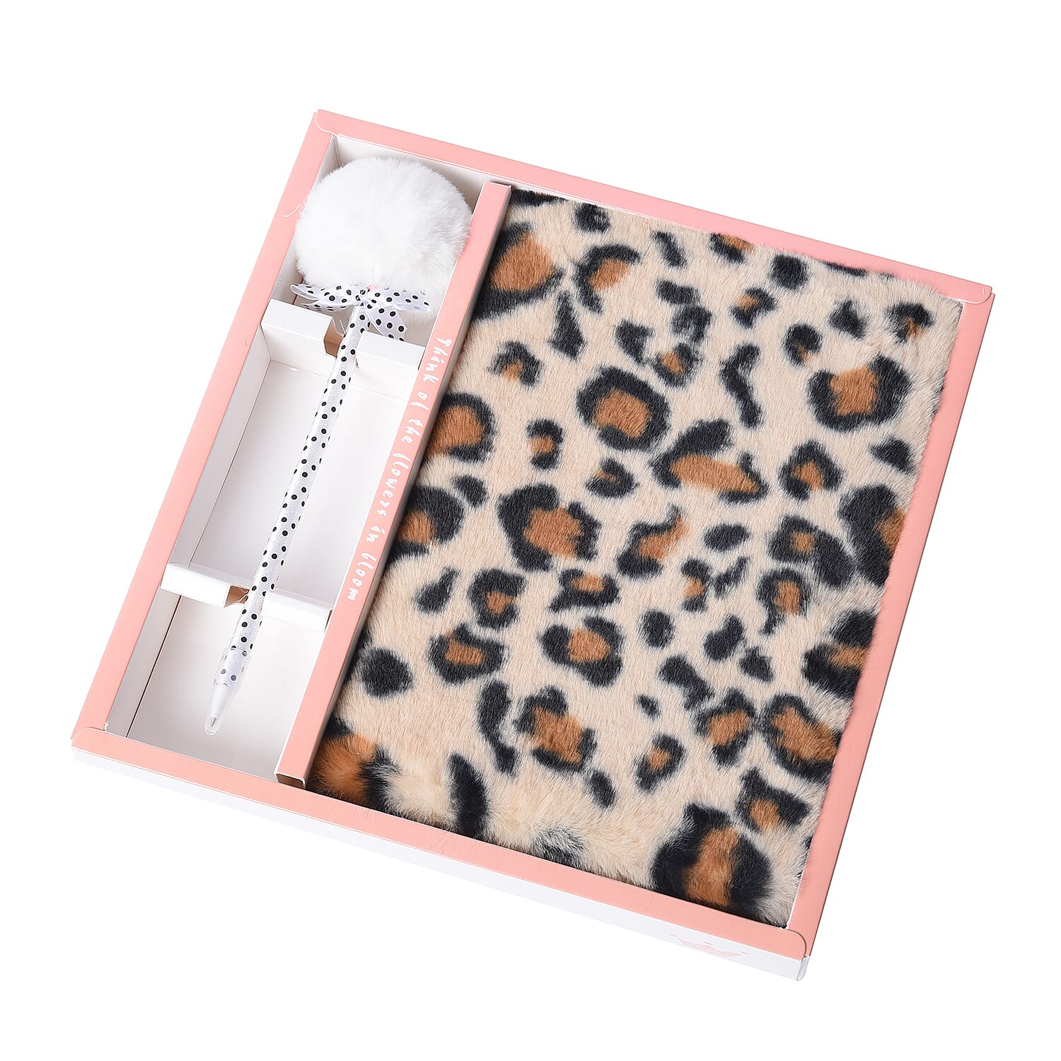 2 Piece Set - Fluffy Leopard Print Cover Notebook with White Pom-Pom Blue Ink Pen