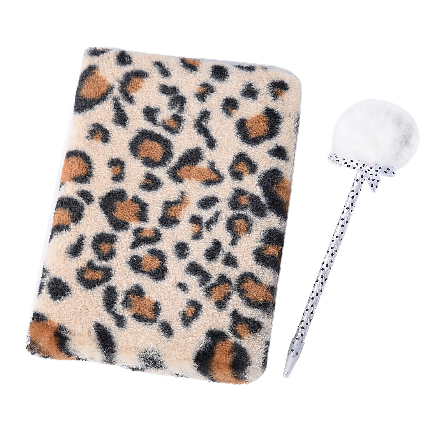 2 Piece Set - Fluffy Leopard Print Cover Notebook with White Pom-Pom Blue Ink Pen