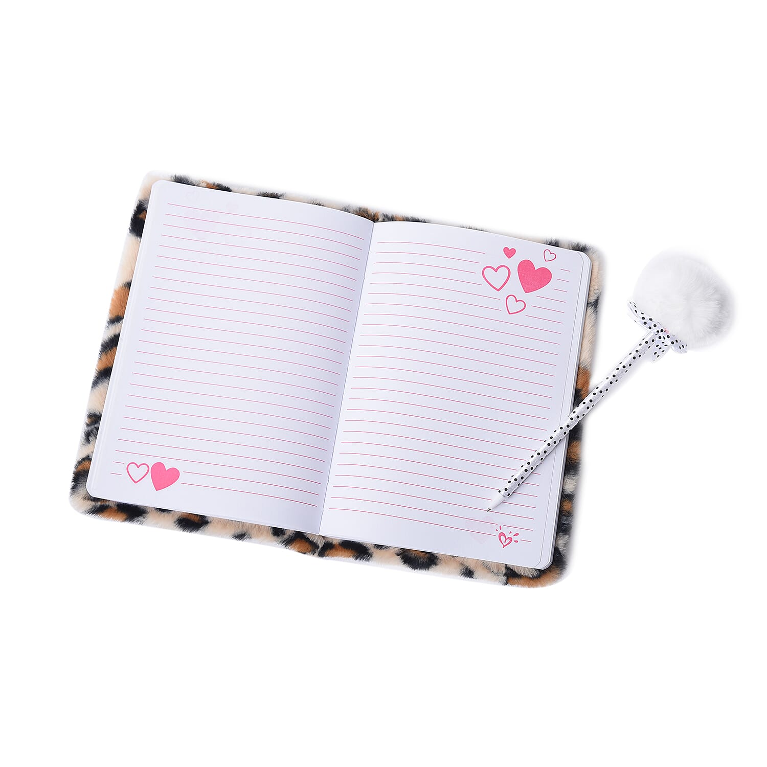 2 Piece Set - Fluffy Leopard Print Cover Notebook with White Pom-Pom Blue Ink Pen