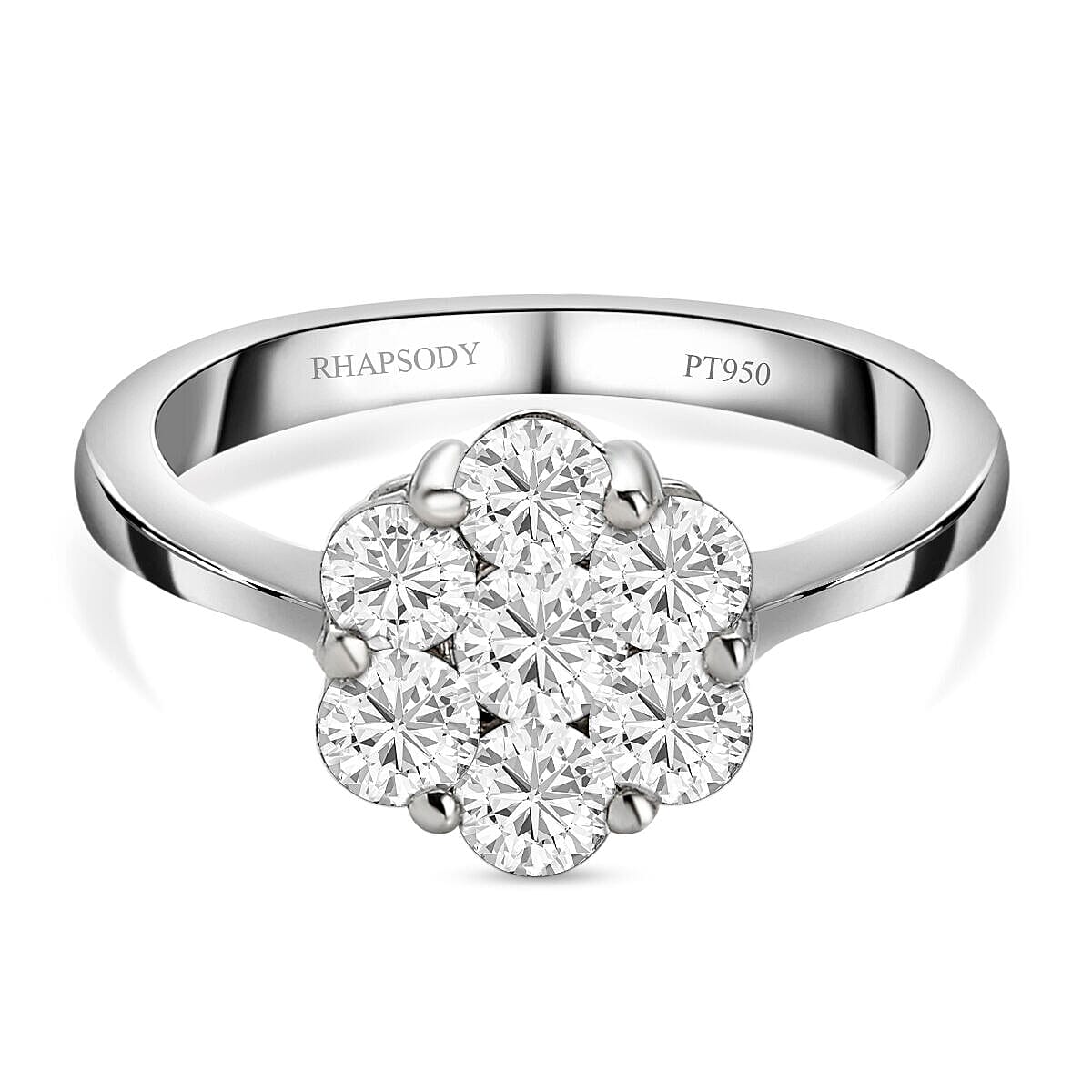 RHAPSODY 950 Platinum IGI Certified Natural Diamond (VS-E-F) Floral Cluster Ring 0.98 Ct, Platinum Wt 5.17 Gms