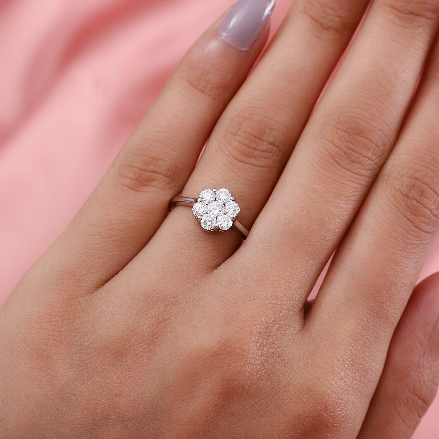 RHAPSODY 950 Platinum IGI Certified Natural Diamond (VS-E-F) Floral Cluster Ring 0.98 Ct, Platinum Wt 5.17 Gms