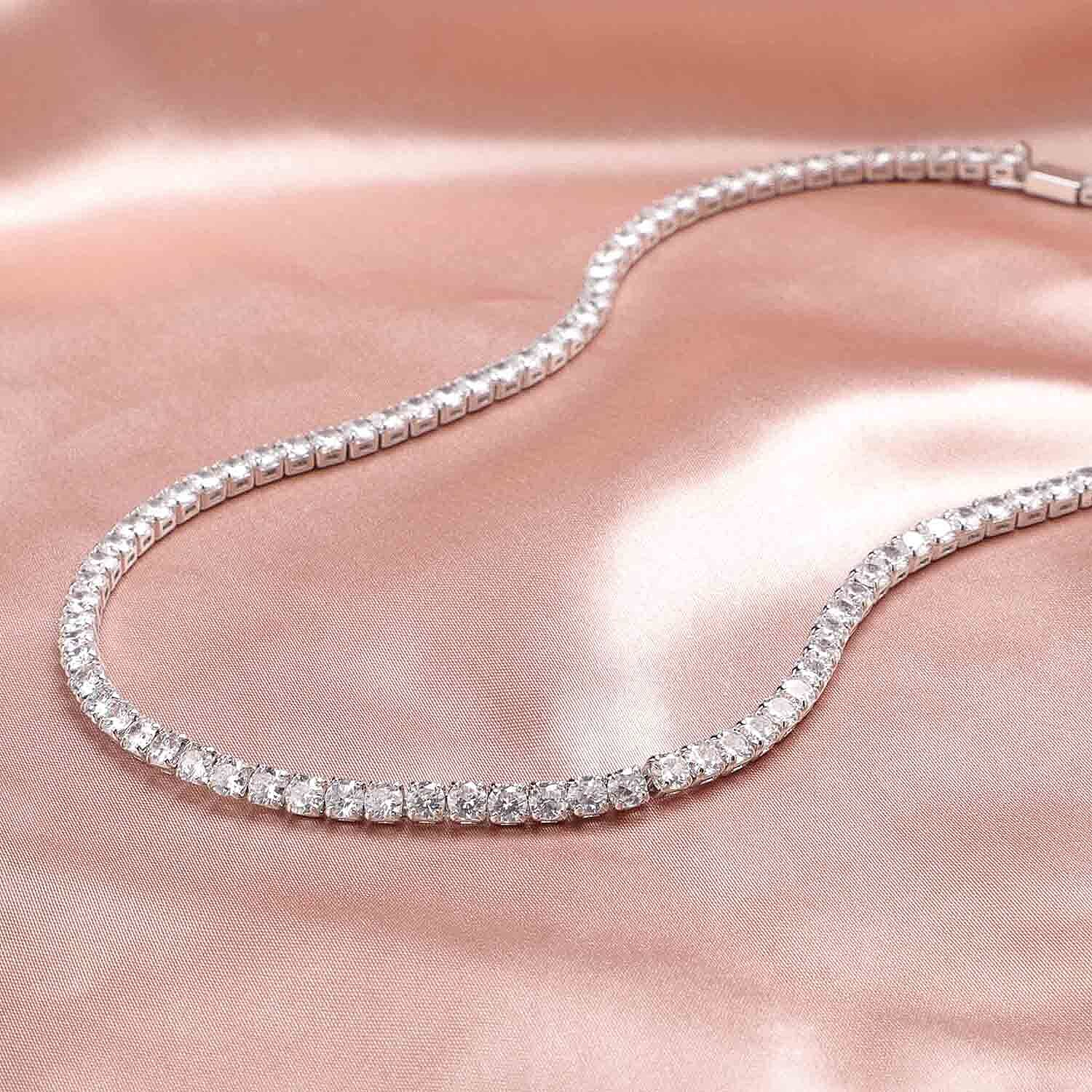 Simulated Diamond Tennis Necklace (Size 17) in Silver Tone