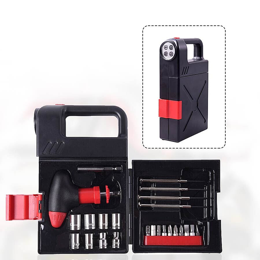 Portable Flashlight Jerry Can Design Tool Box (Inclds. 1pc Handle, 1pc Prolong Bar, 4pcs Precision Screwdrivers, 8pcs Sockets, and 10pcs Bits)- Red and Black