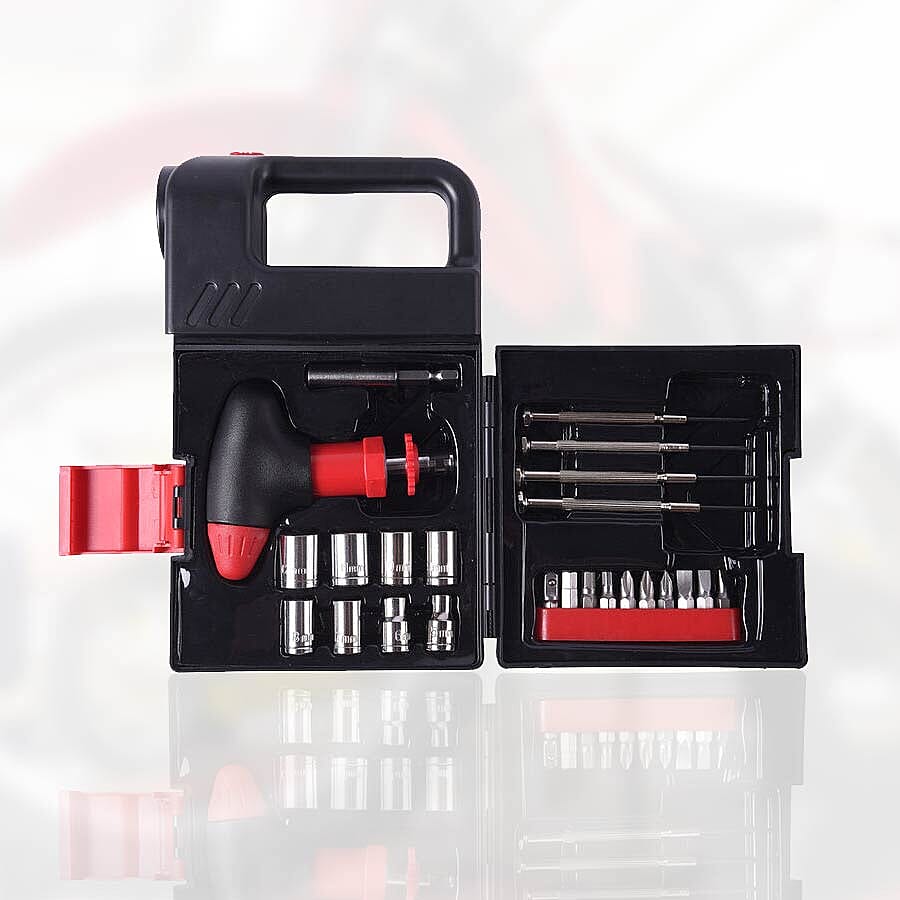 Portable Flashlight Jerry Can Design Tool Box (Inclds. 1pc Handle, 1pc Prolong Bar, 4pcs Precision Screwdrivers, 8pcs Sockets, and 10pcs Bits)- Red and Black