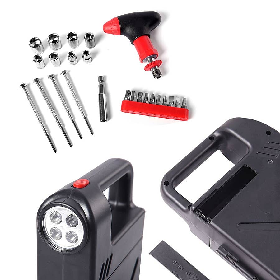 Portable Flashlight Jerry Can Design Tool Box (Inclds. 1pc Handle, 1pc Prolong Bar, 4pcs Precision Screwdrivers, 8pcs Sockets, and 10pcs Bits)- Red and Black