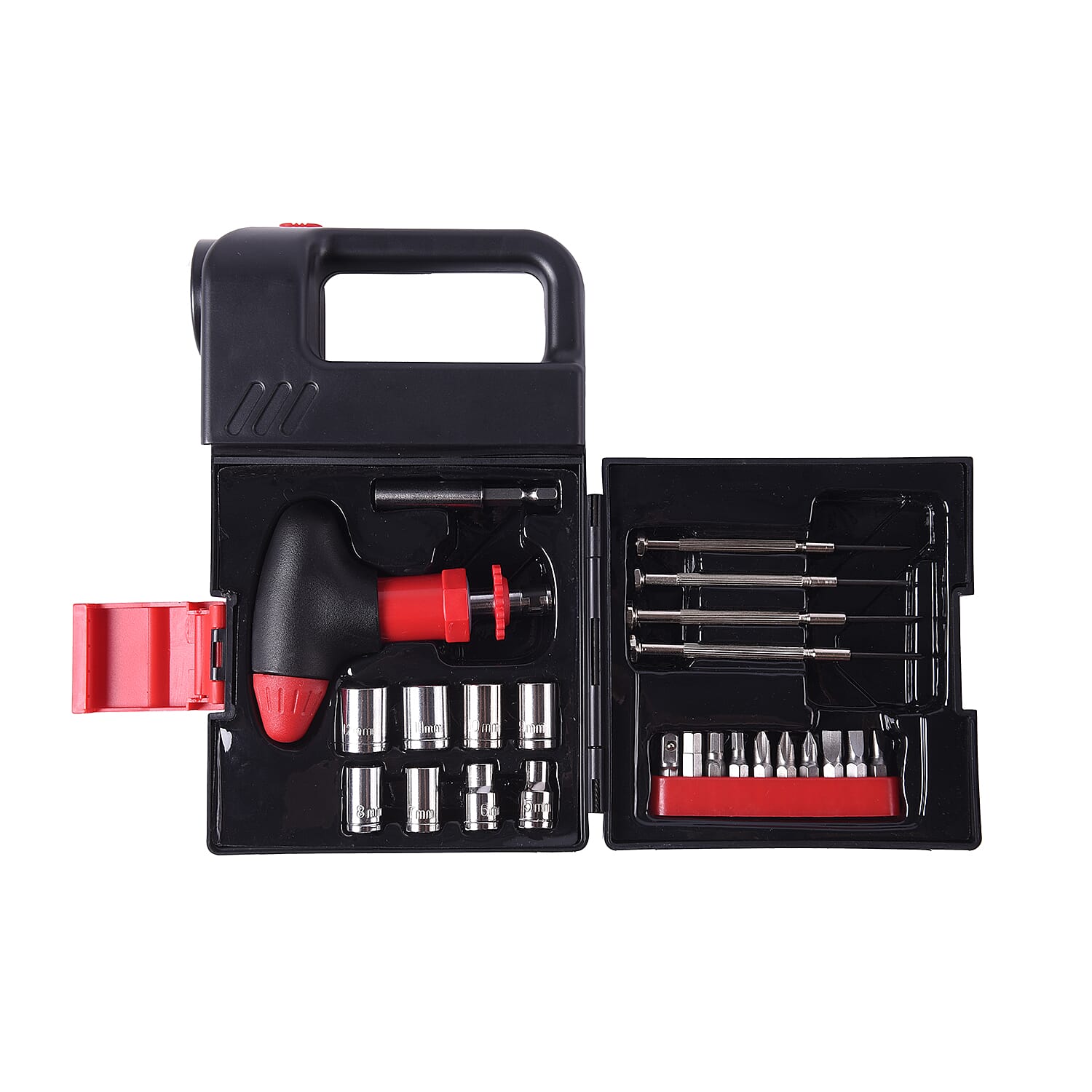 Portable Flashlight Jerry Can Design Tool Box (Inclds. 1pc Handle, 1pc Prolong Bar, 4pcs Precision Screwdrivers, 8pcs Sockets, and 10pcs Bits)- Red and Black