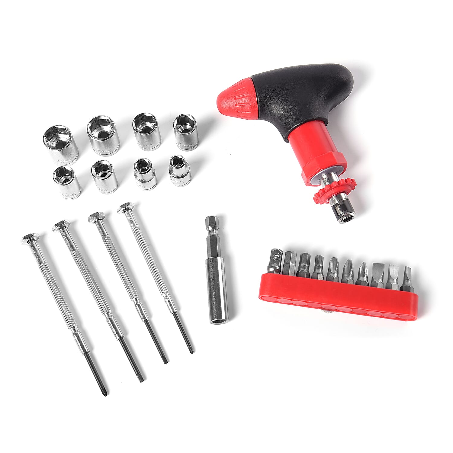 Portable Flashlight Jerry Can Design Tool Box (Inclds. 1pc Handle, 1pc Prolong Bar, 4pcs Precision Screwdrivers, 8pcs Sockets, and 10pcs Bits)- Red and Black