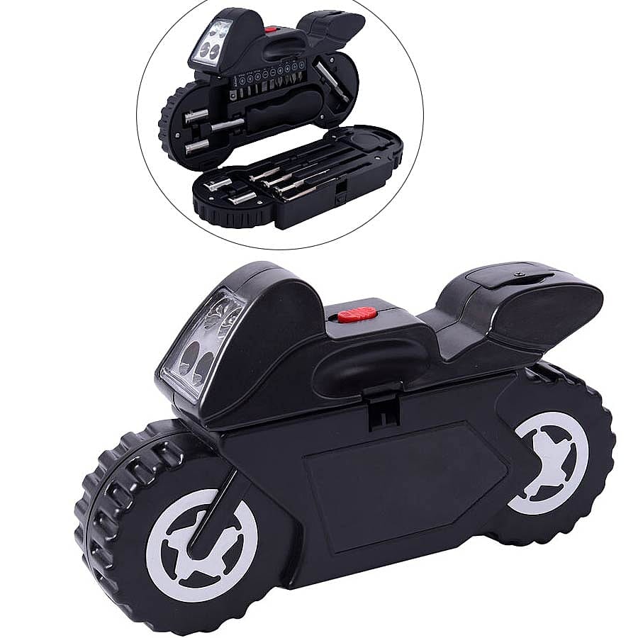 Portable Flashlight Tool Box (Button Battery Including with 1pc Handle, 1pc Prolong Bar, 4pcs Precision Screwdrivers, 8pcs Sockets, and 10pcs Bits) - Black and White