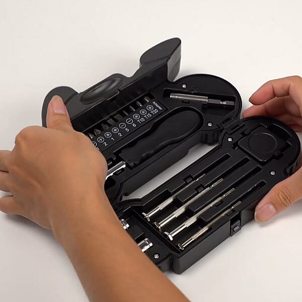 Portable Flashlight Tool Box (Button Battery Including with 1pc Handle, 1pc Prolong Bar, 4pcs Precision Screwdrivers, 8pcs Sockets, and 10pcs Bits) - Black and White