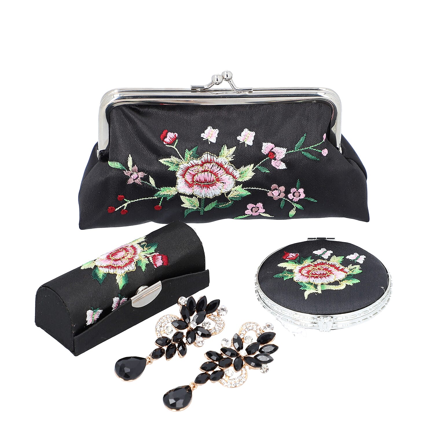 4 Piece Set- Peony Flower Embroidered Coin Purse, Dual Sided Compact Mirror, Lipstick Case and Simulated Black Spinel with White Crystal Studded Chandelier Earrings (with Push Back) in Gift Box- Black