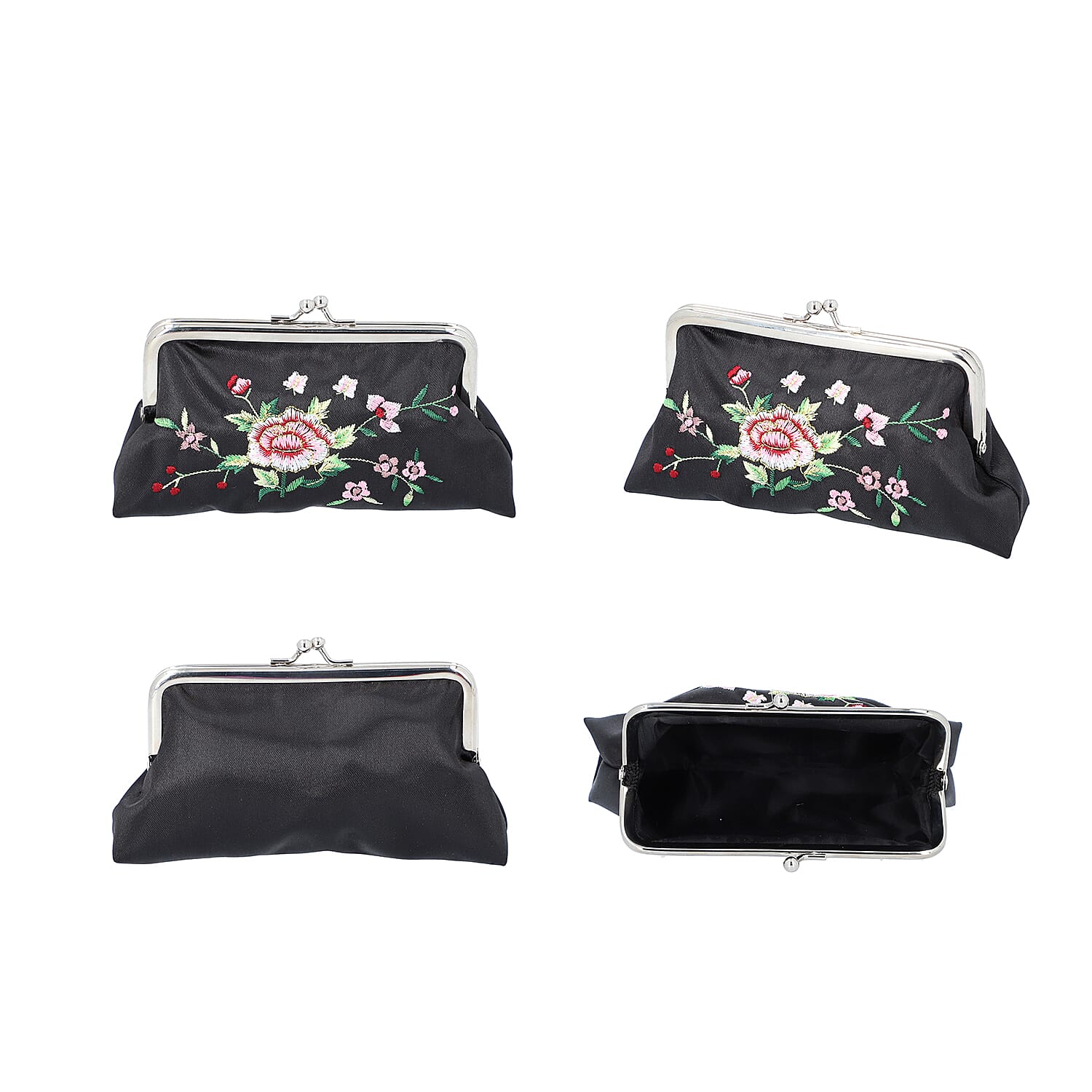 4 Piece Set- Peony Flower Embroidered Coin Purse, Dual Sided Compact Mirror, Lipstick Case and Simulated Black Spinel with White Crystal Studded Chandelier Earrings (with Push Back) in Gift Box- Black