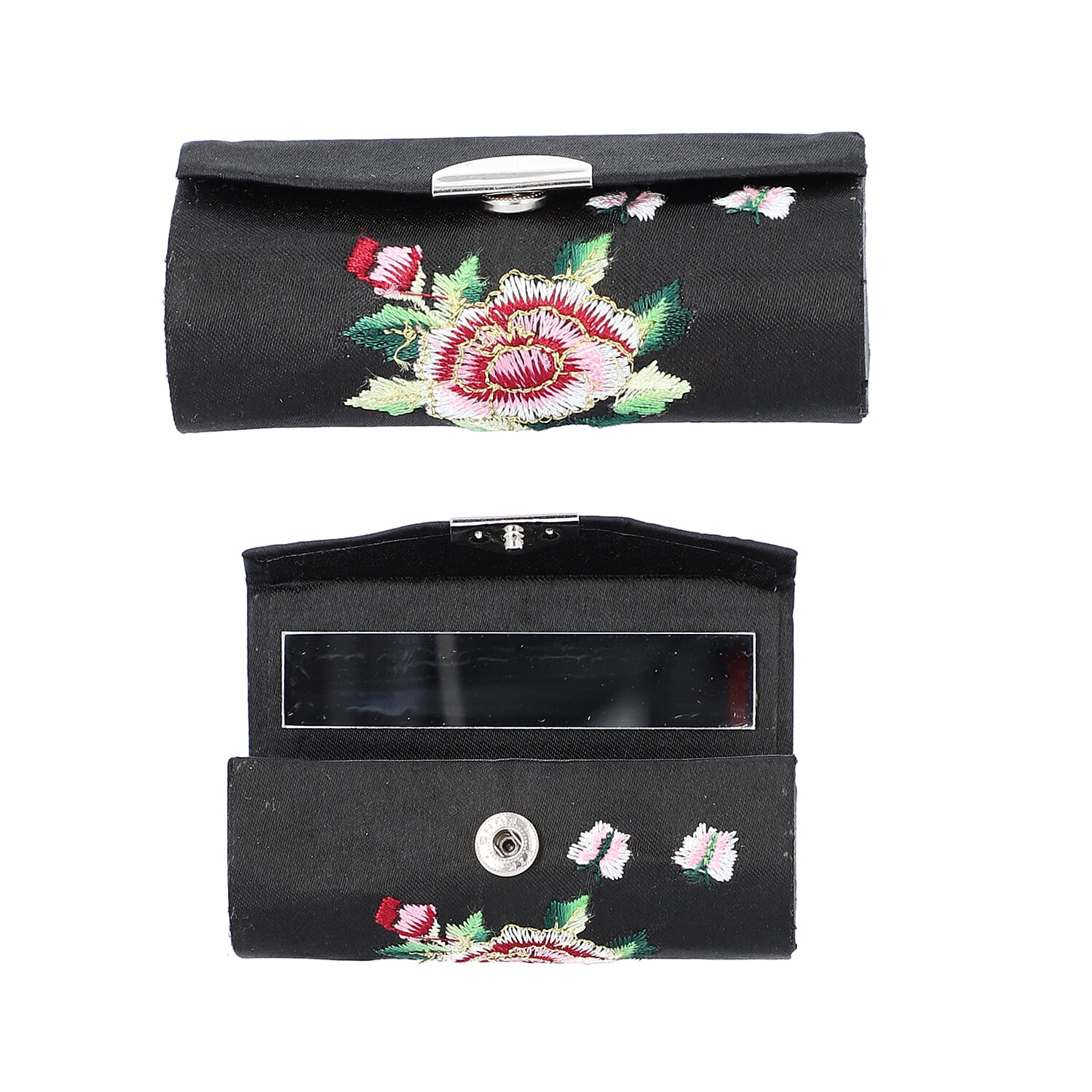 4 Piece Set- Peony Flower Embroidered Coin Purse, Dual Sided Compact Mirror, Lipstick Case and Simulated Black Spinel with White Crystal Studded Chandelier Earrings (with Push Back) in Gift Box- Black