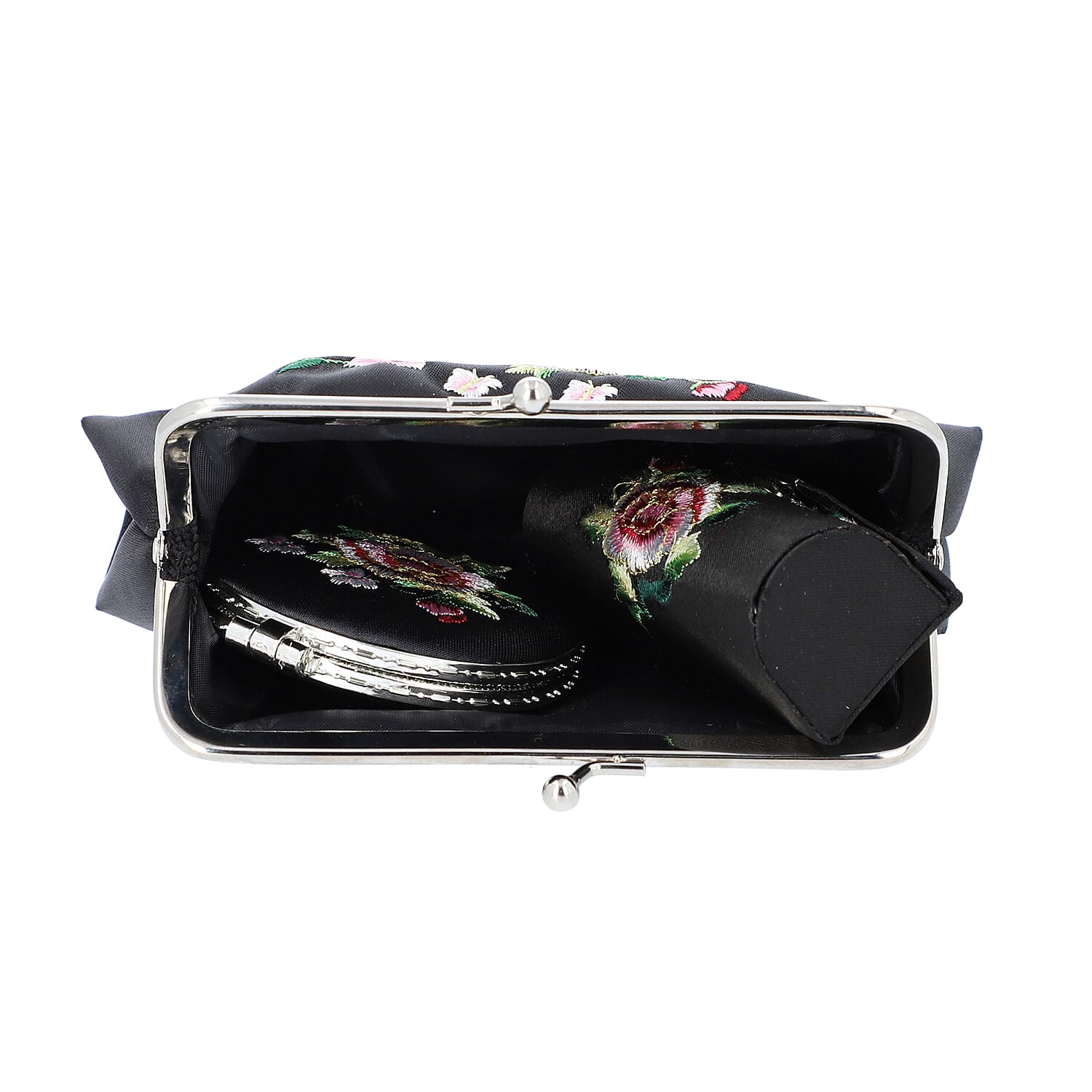 4 Piece Set- Peony Flower Embroidered Coin Purse, Dual Sided Compact Mirror, Lipstick Case and Simulated Black Spinel with White Crystal Studded Chandelier Earrings (with Push Back) in Gift Box- Black