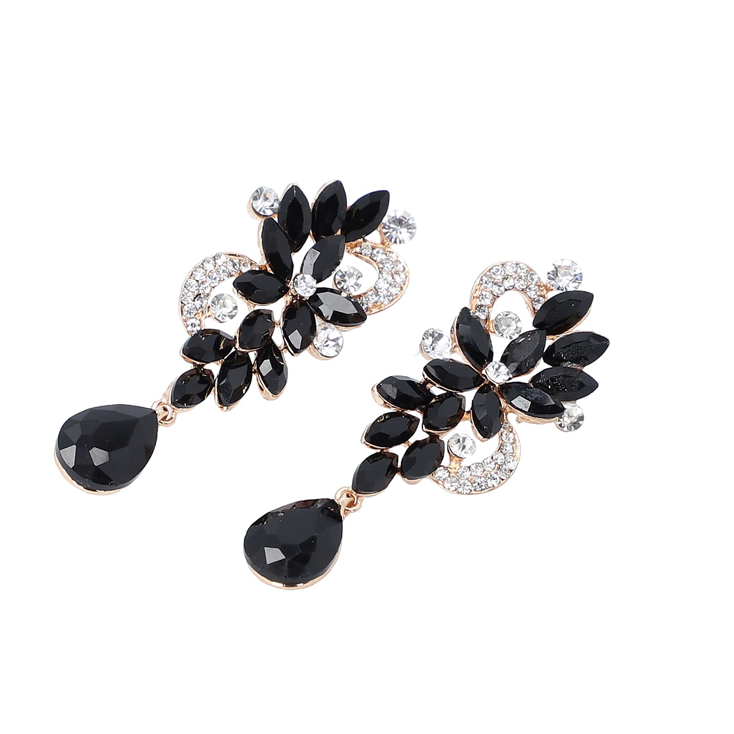 4 Piece Set- Peony Flower Embroidered Coin Purse, Dual Sided Compact Mirror, Lipstick Case and Simulated Black Spinel with White Crystal Studded Chandelier Earrings (with Push Back) in Gift Box- Black