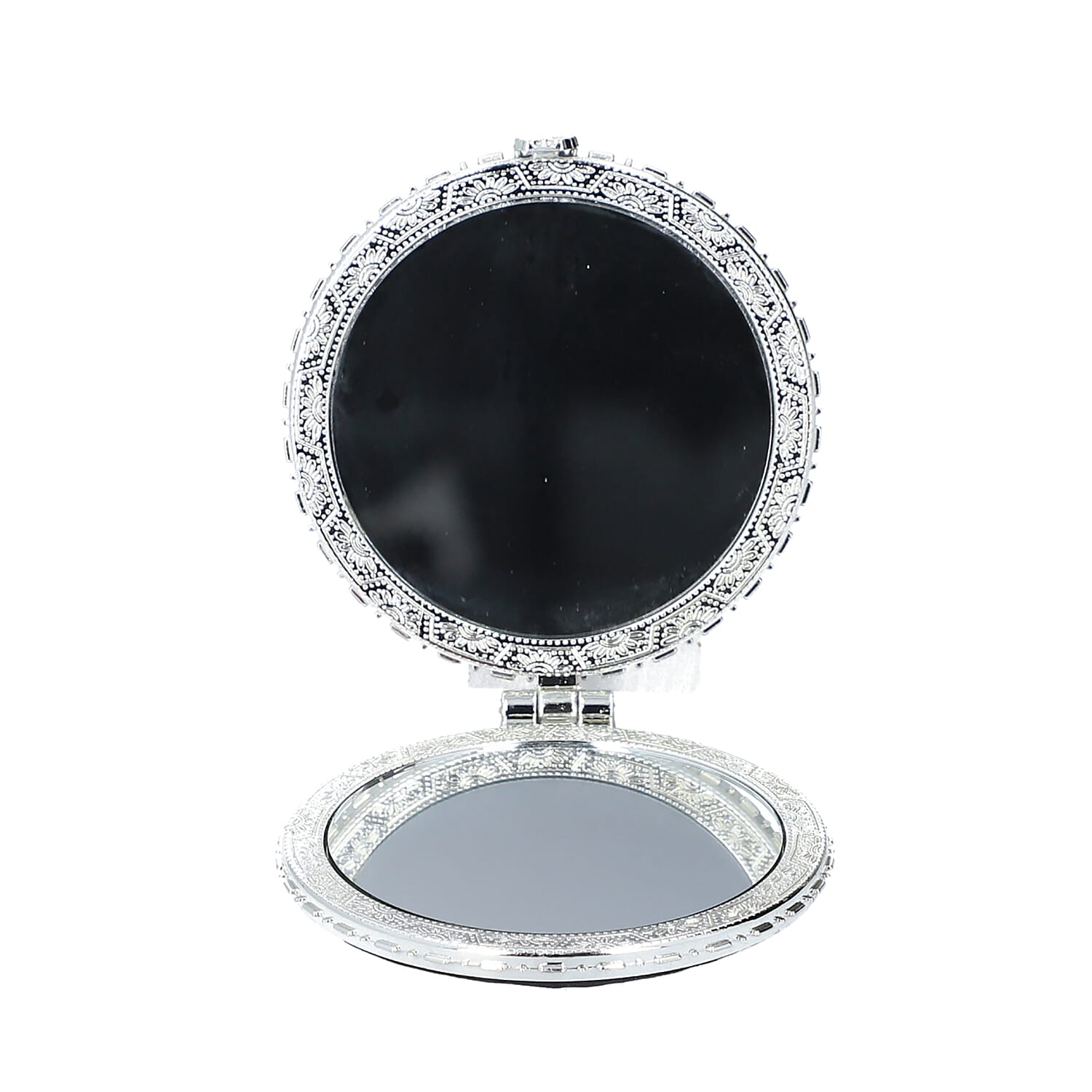 4 Piece Set- Peony Flower Embroidered Coin Purse, Dual Sided Compact Mirror, Lipstick Case and Simulated Black Spinel with White Crystal Studded Chandelier Earrings (with Push Back) in Gift Box- Black