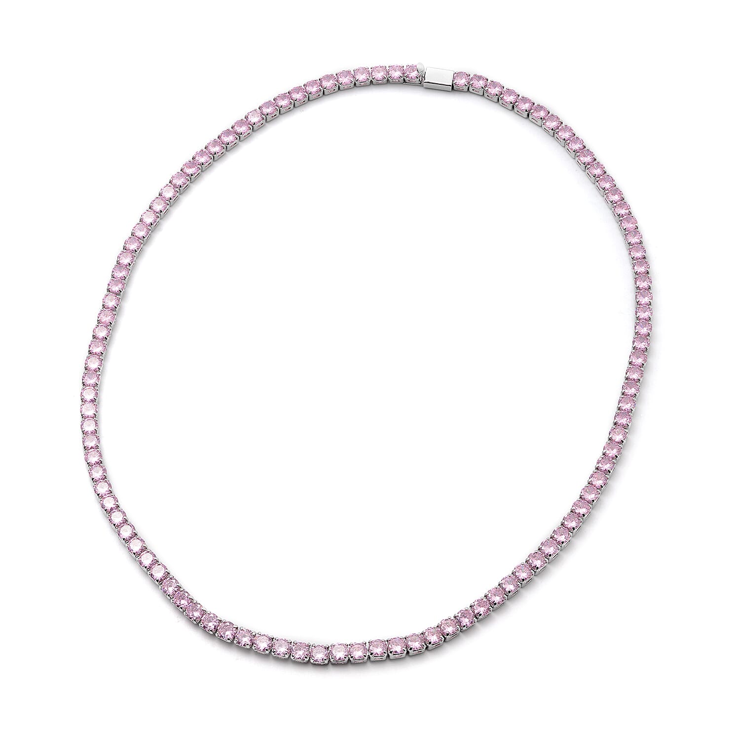 Simulated Pink Sapphire Tennis Necklace (Size 17) in Silver Tone