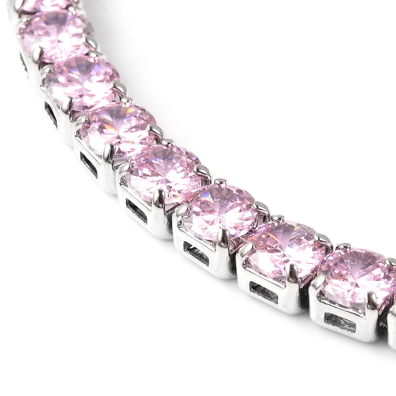 Simulated Pink Sapphire Tennis Necklace (Size 17) in Silver Tone