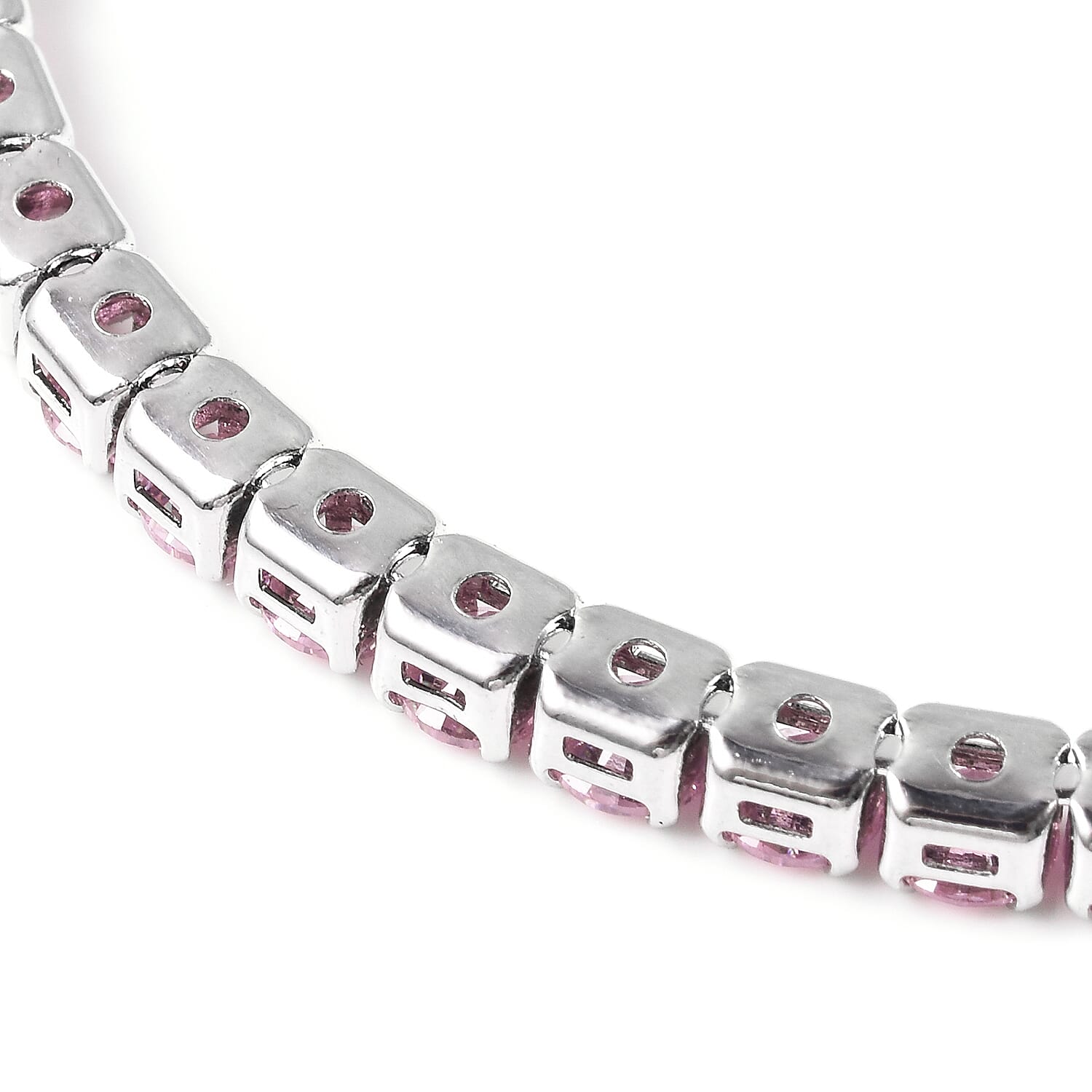 Simulated Pink Sapphire Tennis Necklace (Size 17) in Silver Tone
