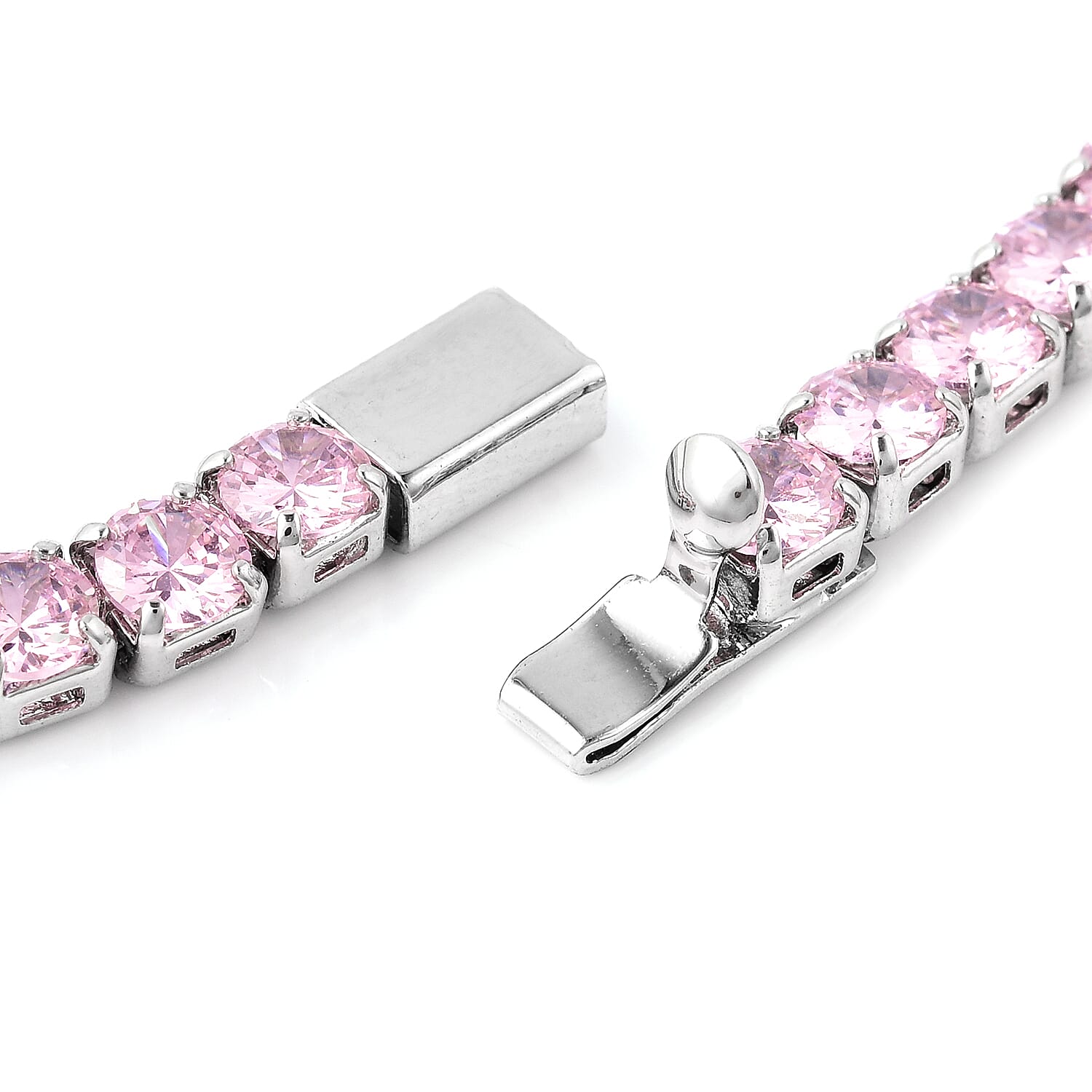 Simulated Pink Sapphire Tennis Necklace (Size 17) in Silver Tone