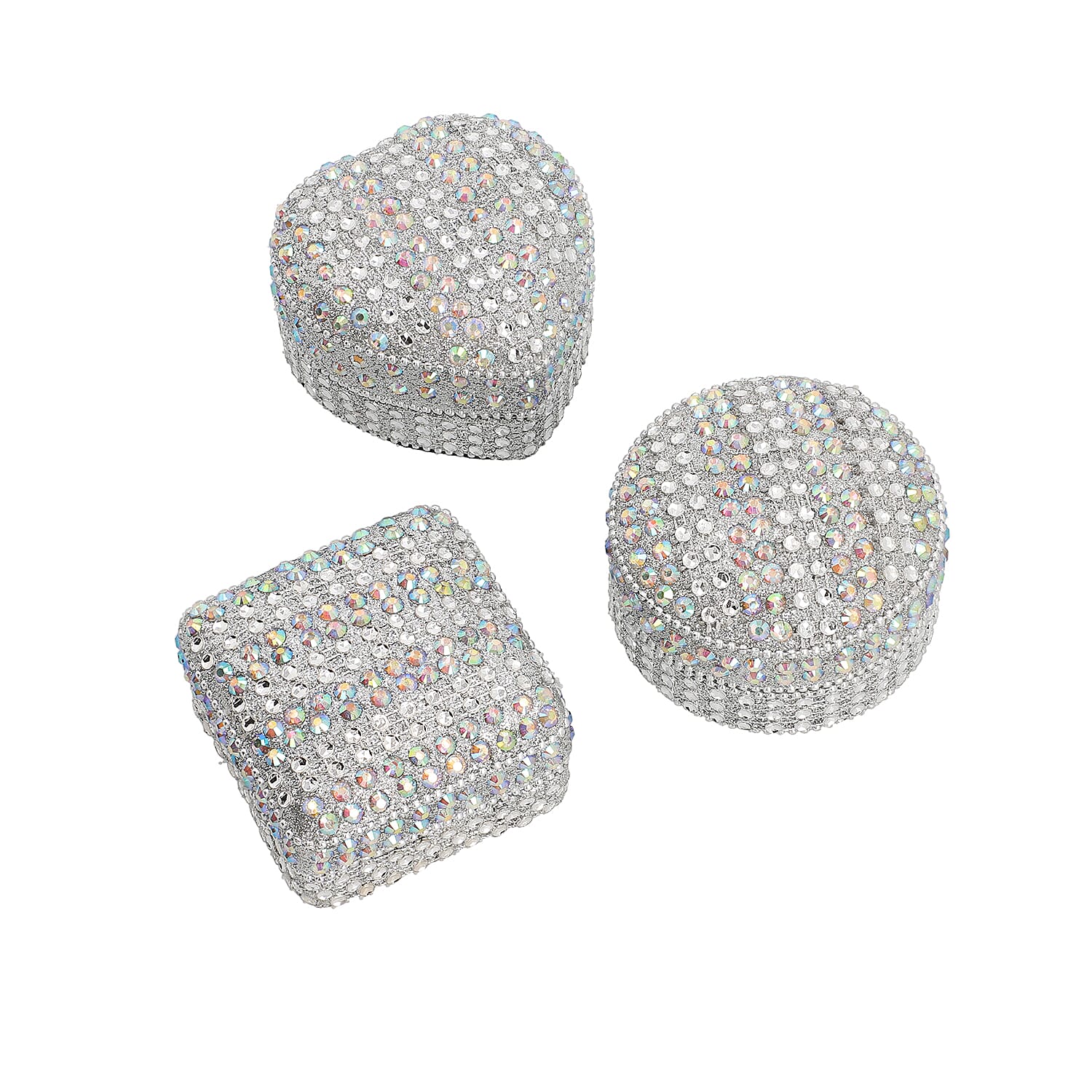 Set of 3 - Sequence Work Square Round and Heart Shape Jewellery Box - Silver