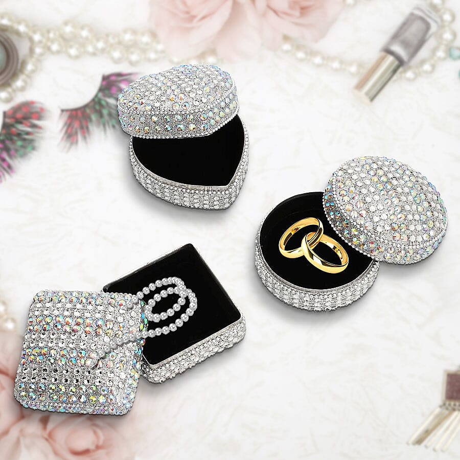 Set of 3 - Sequence Work Square Round and Heart Shape Jewellery Box - Silver