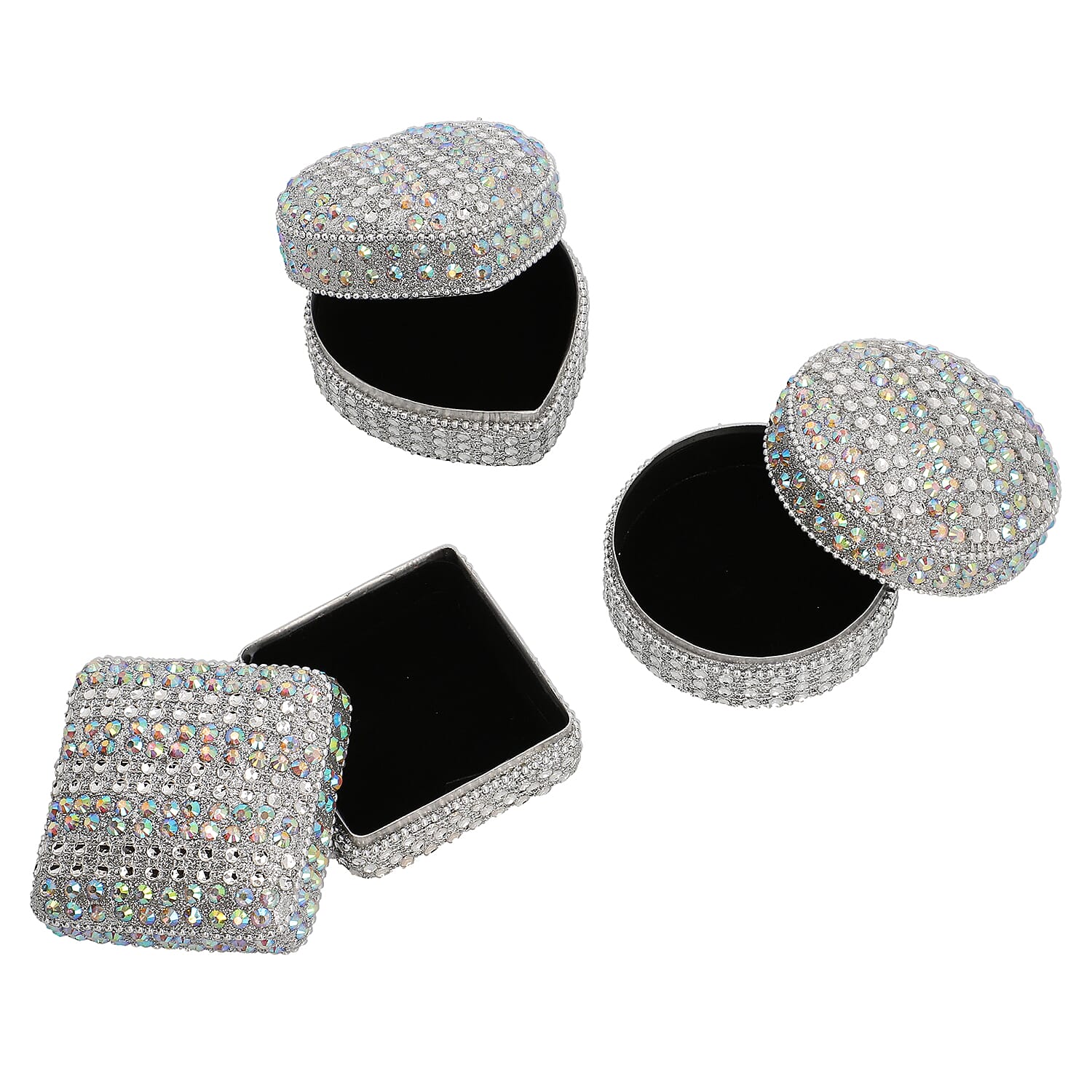 Set of 3 - Sequence Work Square Round and Heart Shape Jewellery Box - Silver
