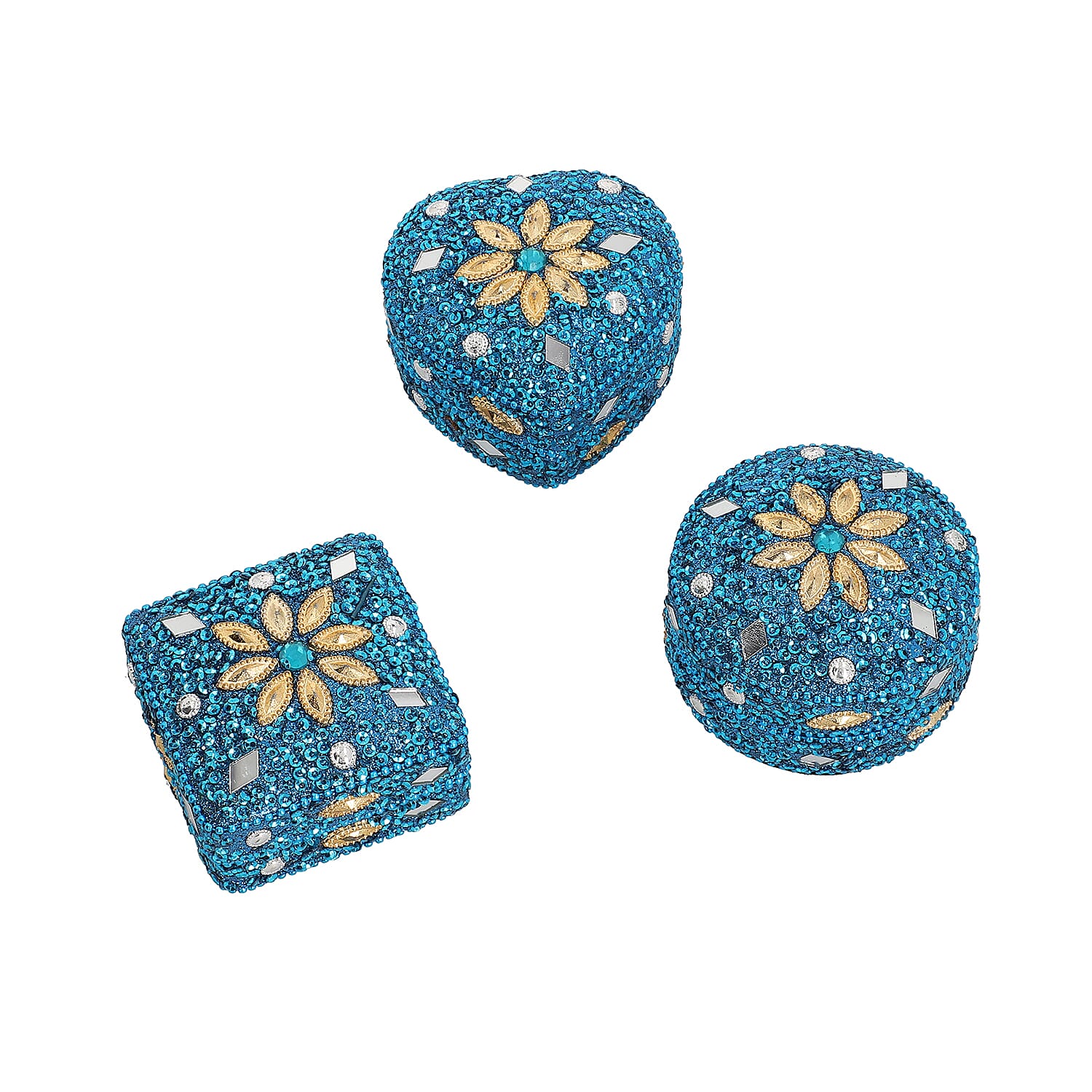 Set of 3 - Sequence Work Square, Round and Heart Shape Jewellery Box (Size 6x6x3Cm, 6x3Cm, 7x3Cm) - Blue