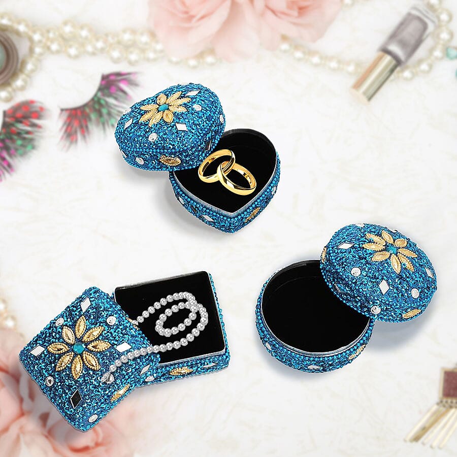 Set of 3 - Sequence Work Square, Round and Heart Shape Jewellery Box (Size 6x6x3Cm, 6x3Cm, 7x3Cm) - Blue