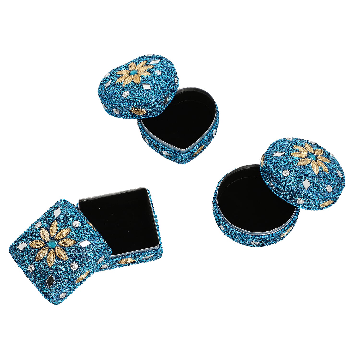 Set of 3 - Sequence Work Square, Round and Heart Shape Jewellery Box (Size 6x6x3Cm, 6x3Cm, 7x3Cm) - Blue
