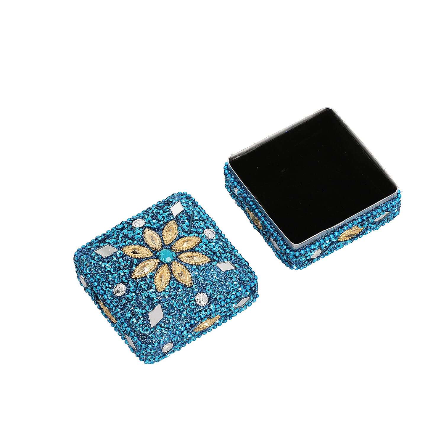 Set of 3 - Sequence Work Square, Round and Heart Shape Jewellery Box (Size 6x6x3Cm, 6x3Cm, 7x3Cm) - Blue