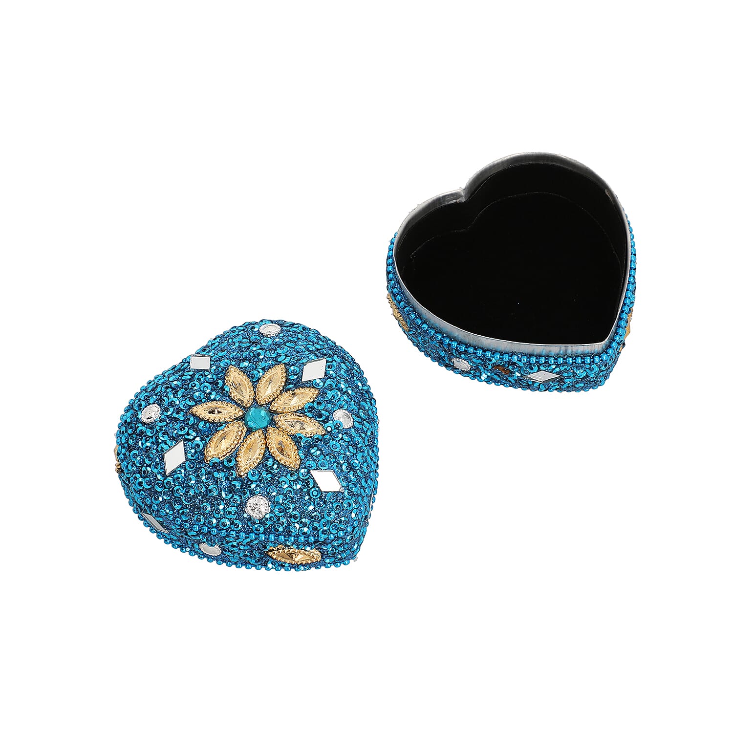 Set of 3 - Sequence Work Square, Round and Heart Shape Jewellery Box (Size 6x6x3Cm, 6x3Cm, 7x3Cm) - Blue