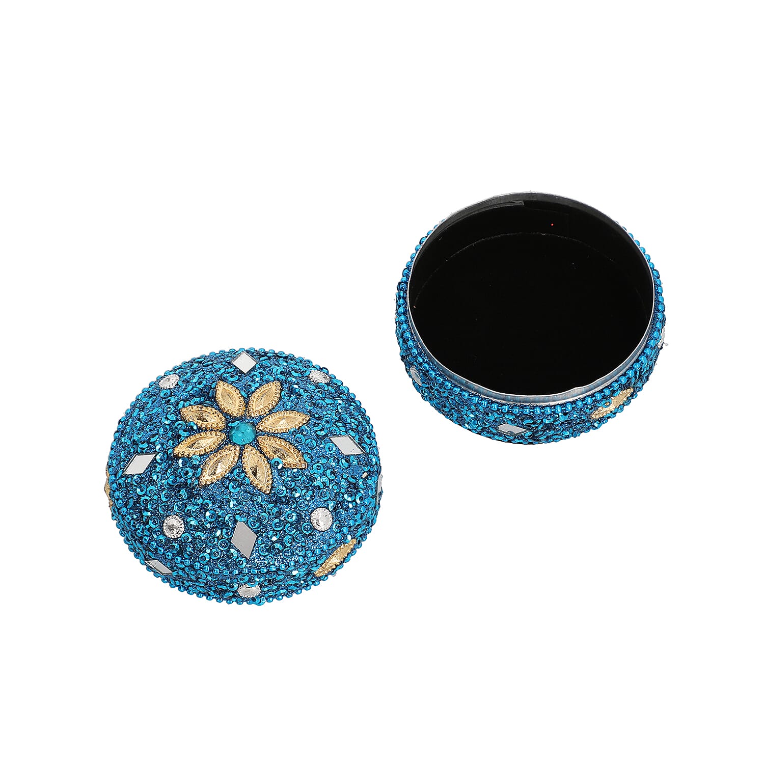 Set of 3 - Sequence Work Square, Round and Heart Shape Jewellery Box (Size 6x6x3Cm, 6x3Cm, 7x3Cm) - Blue