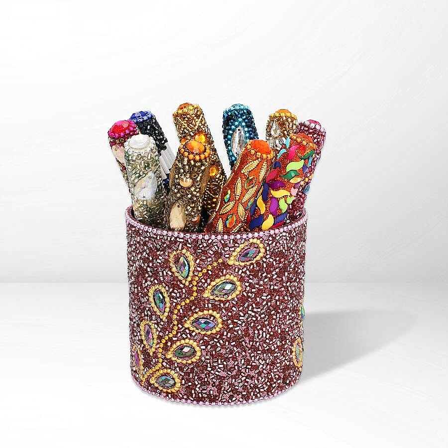 Hand Crafted Pink Pen Stand with 10 Pcs of Pens