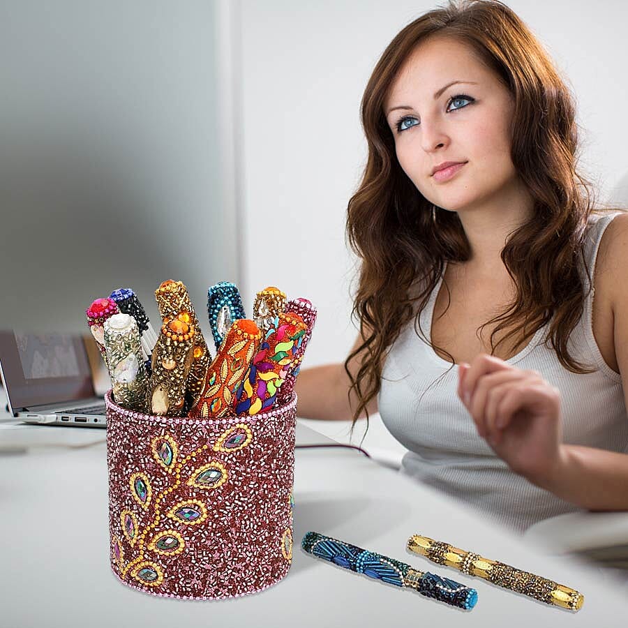 Hand Crafted Pink Pen Stand with 10 Pcs of Pens