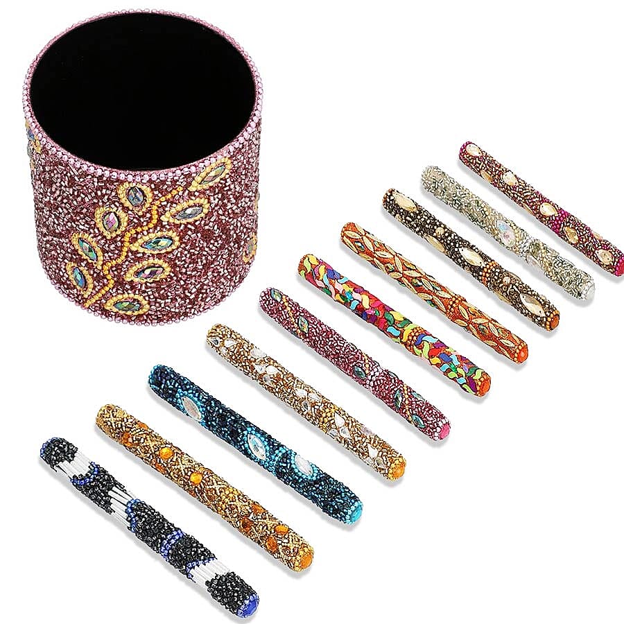 Hand Crafted Pink Pen Stand with 10 Pcs of Pens