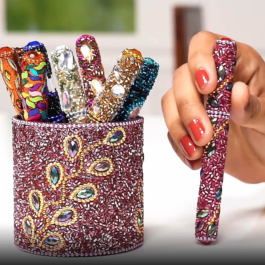 Hand Crafted Pink Pen Stand with 10 Pcs of Pens