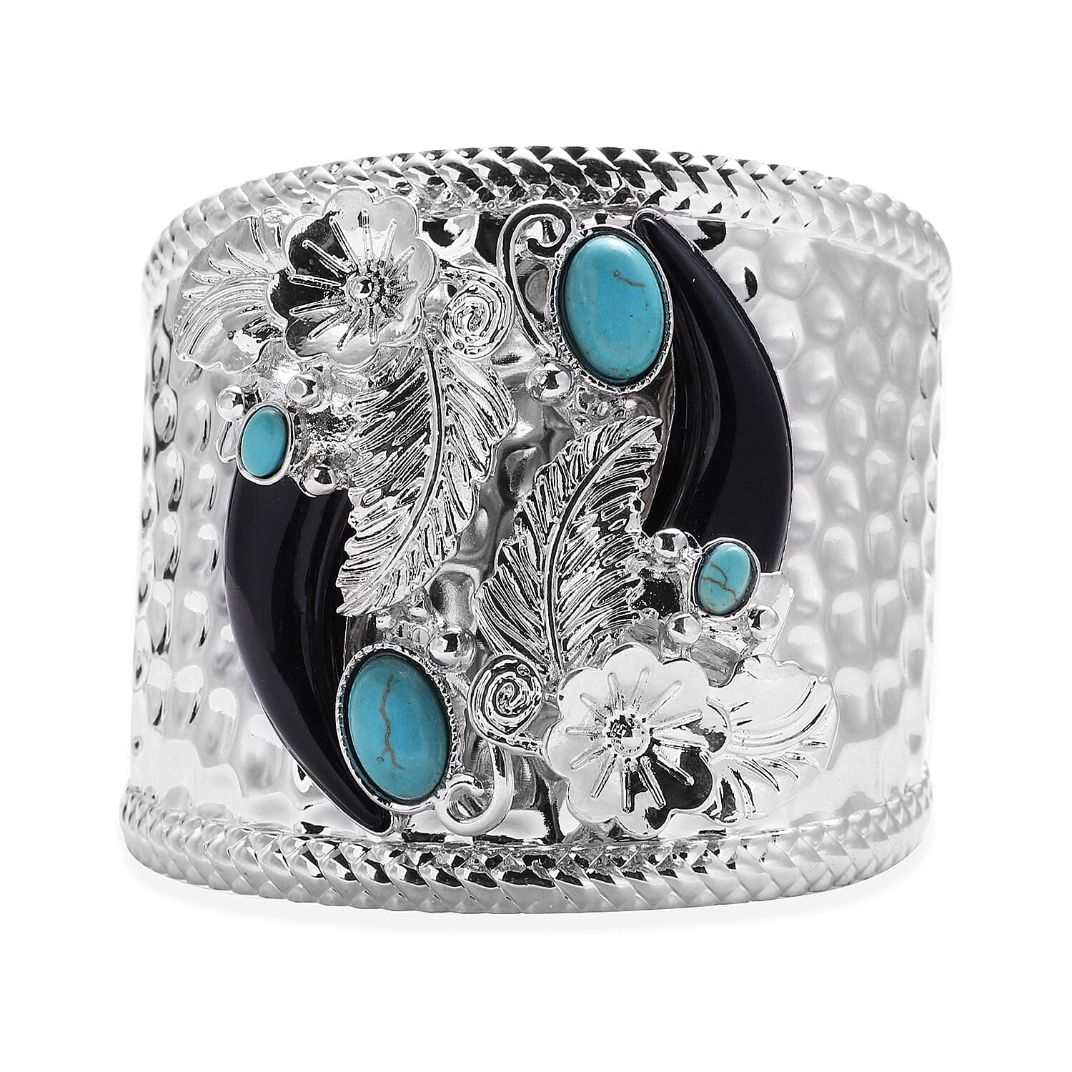 Blue Howlite Flower and Leaf Cuff Bangle (Size 7) in Silver Tone