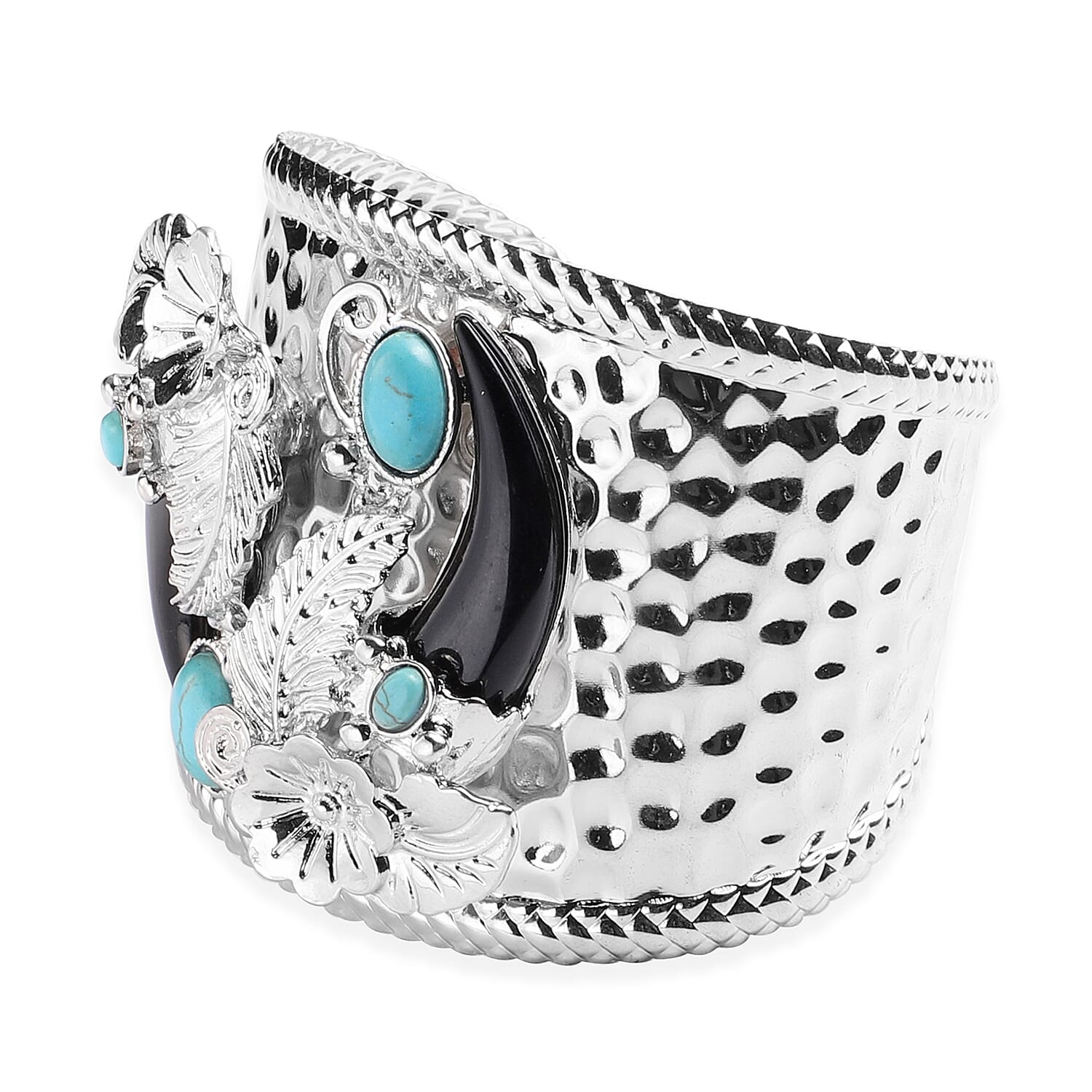 Blue Howlite Flower and Leaf Cuff Bangle (Size 7) in Silver Tone