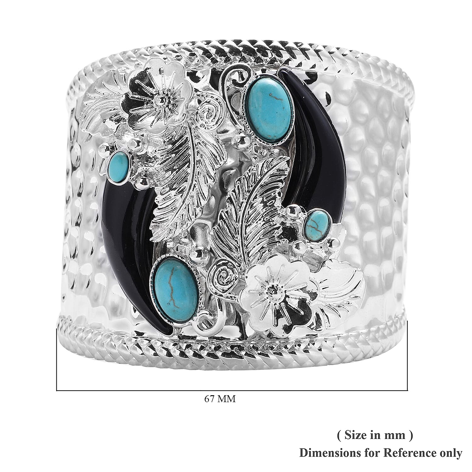 Blue Howlite Flower and Leaf Cuff Bangle (Size 7) in Silver Tone